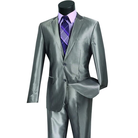 Mens Modern Fit Shiny Sharkskin Suit in Silver Grey - Picture 1 of 2